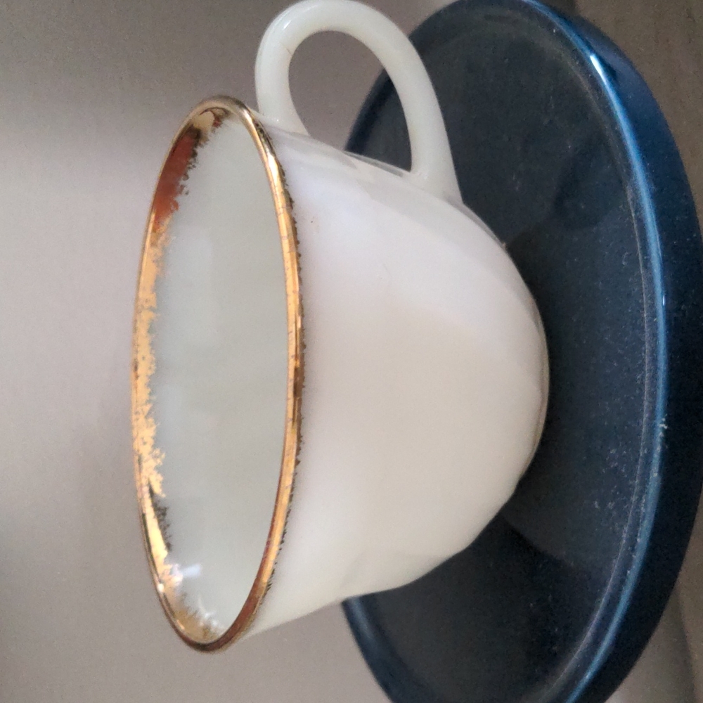 Fire King white milk glass swirl coffee or tea cup with gold trim